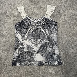 Vintage Y2K Tank Top L Paisley Crochet Boho Whimsigoth Fairy Grunge Rhinestones